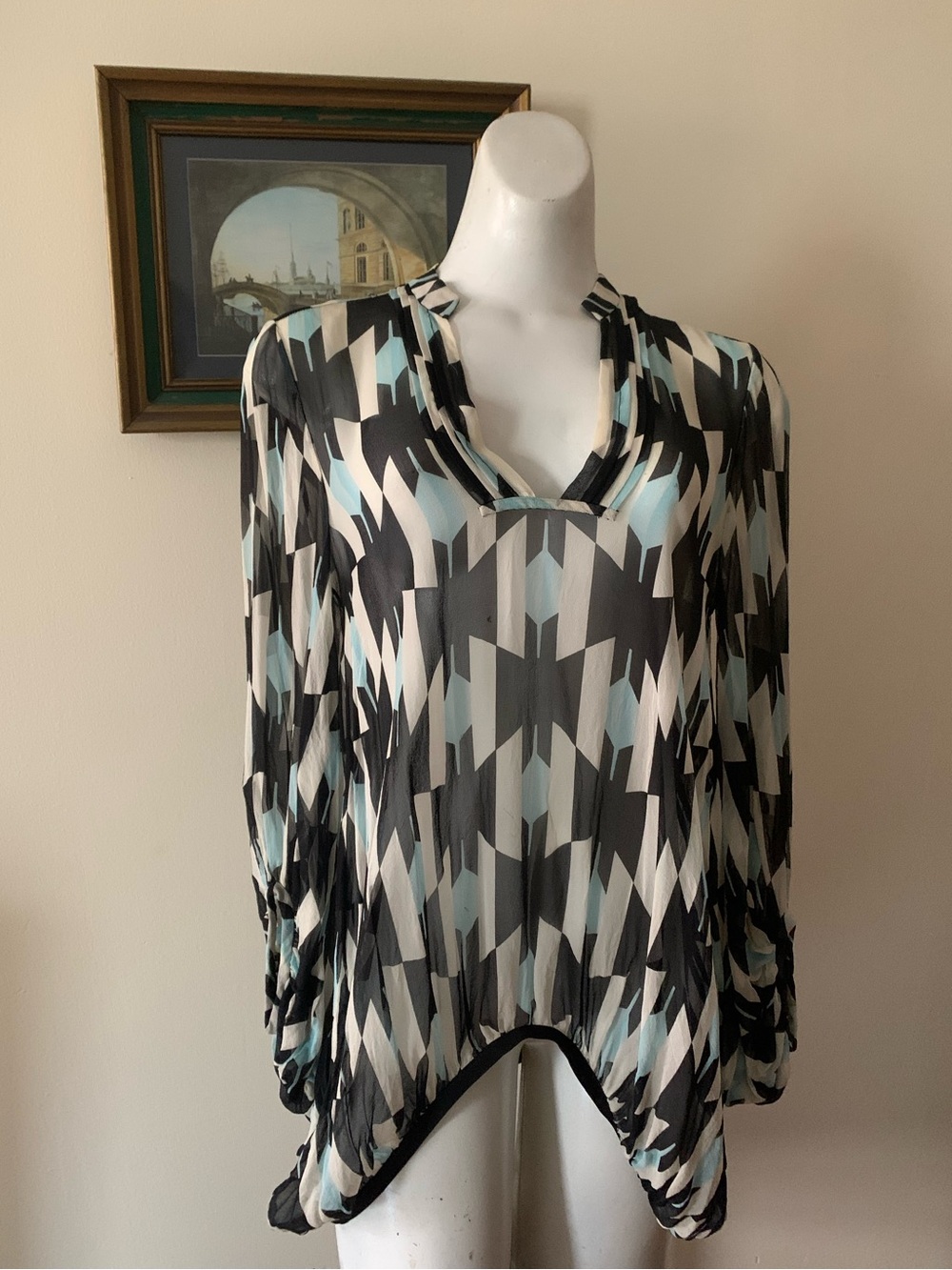 Diane Von Furstenberg 100% Silk Geometric Print Blouse